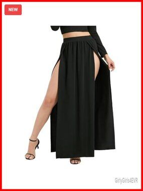 High Waist Double Slit Maxi Skirt Flowy Plus Size Long